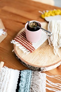 Tea on a round wood slab 