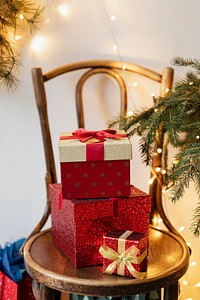 Christmas presents on a wooden chair
