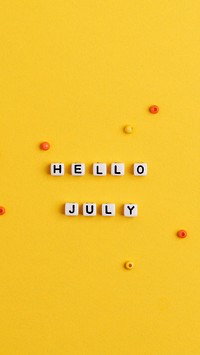 White HELLO JULY beads word typography
