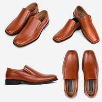 Brown leather slip-on mockup psd men’s shoes fashion set