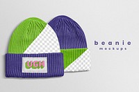 Label mockup psd on blue and green beanie winter accessories