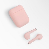 Pink wireless earbuds case mockup psd digital earphones