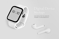 Smartwatch screen mockup with earphones digital device set banner
