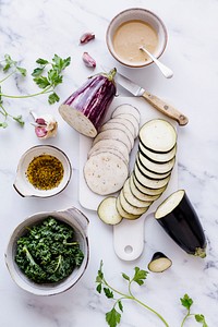 Keto eggplant salad preparation flat lay food photography