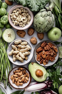 Fresh vegetables with mixed nuts flat lay healthy diet