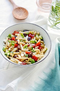 Macaroni pasta salad with feta and olives, healthy Greek summer dish