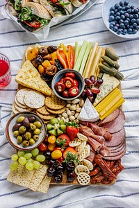 Charcuterie board with cold cuts, fresh fruits and cheese on a picnic cloth