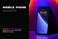 Mobile phone psd mockup with retro futurism style