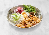 Egg and prawn seafood dishes photography
