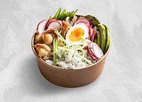 Takeaway egg and prawn poke bowl