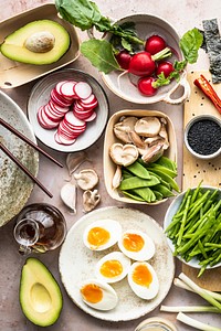 Plant-based meal with egg and vegetables flat lay photography