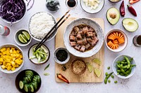 Hawaiian ahi tuna with vegetables flat lay photography