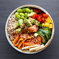 Salmon poke bowl flat lay photography