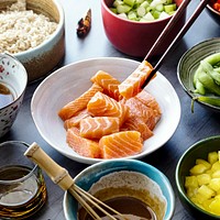 Salmon with vegetables and rice photography