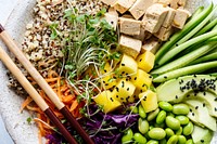 Vegan poke bowl with marinated tofu photography