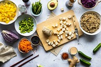 Tofu cubes with vegetables photography