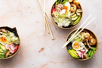 Takeaway egg and prawn poke bowls