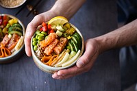 Salmon with vegetables on rice photography