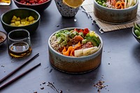 Salmon with vegetables on rice photography