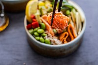 Salmon on rice poke bowl photography