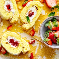 Strawberry Swiss roll flat lay food photography