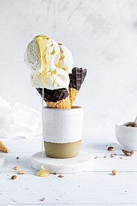 Ice cream cone with caramel sauce food photography