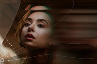Broken glass effect psd background mockup with bipolar woman