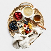 Fruity breakfast set psd mockup in flat lay style