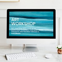 Computer screen mockup psd with ombre watercolor background