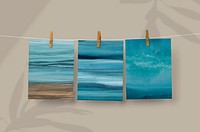 Ocean photo psd mockup hanging by wooden clip 