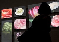 Woman&#39;s silhouette viewing photos in a dark gallery