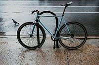 Blue fixed-gear bicycle locked with a rack on a swet treetside