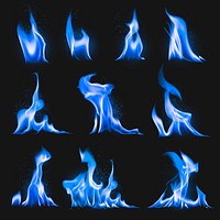 Blue flame sticker, realistic fire image vector set