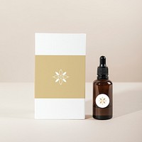 Brown glass dropper bottle with a white box product mockup