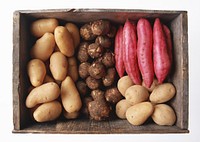 Free potatoes, sweet potato and taro In wooden box photo, public domain vegetables CC0 image.