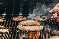 Free sausages and burgers on a grill image, public domain food CC0 photo.