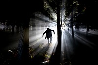 Free silhouette of man running in forest photo, public domain nature CC0 image.