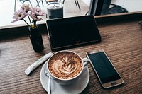 Free coffee with electronic devices on wooden table public domain CC0 photo.