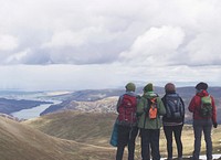 Free group of people hiking on mountain photo, public domain nature CC0 image.