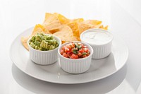 Free set of tortilla and avocado, tomato and cream sauce, public domain food CC0 photo.