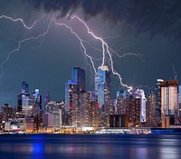 Thunder storm lightning city night photo, free public domain CC0 image.