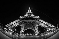 Free closeup on Paris Eiffel Tower in black and white photo, public domain building CC0 image.