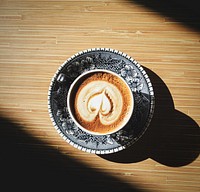 Free coffee cup on wooden table photo, public domain beverage CC0 image.