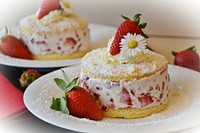 Free strawberry cream cake on plate image, public domain dessert CC0 photo.