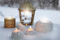 Free candles in snow image, public domain winter CC0 photo.