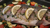 Free steamed fish with lemon and vegetable image, public domain food CC0 photo.