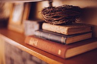 Free stacked books on shelf decoration image, public domain CC0 photo.