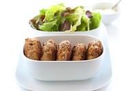 Free fried meatball with salad in white bowls image, public domain food CC0 photo.