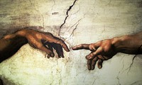 Free fingers reaching out mural painting image, public domain human CC0 photo.