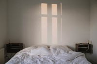 Free light shining into bedroom image, public domain interior design CC0 photo.